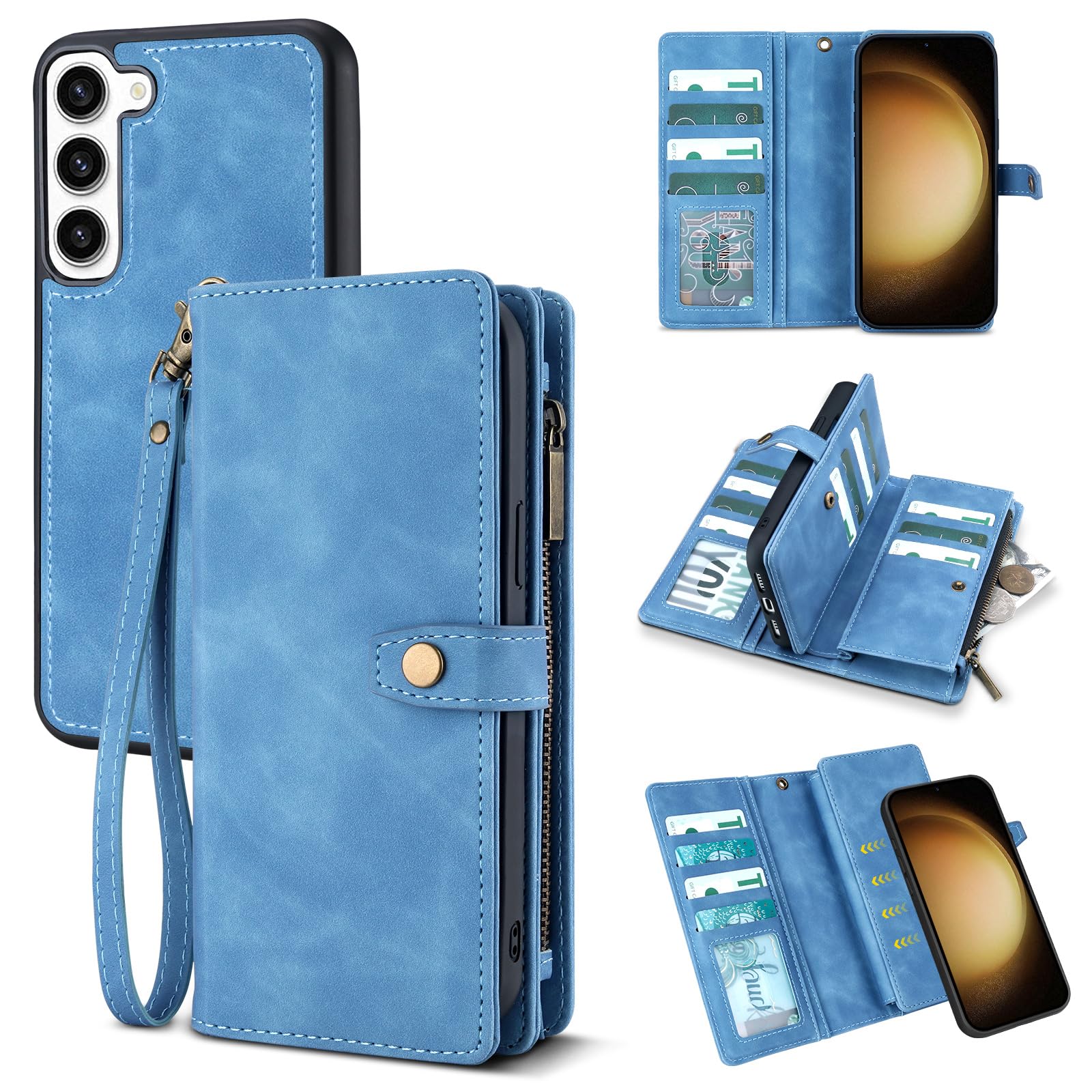 Photo 1 of TwoHead for Samsung Galaxy S23 Plus Wallet Case with Card Holder,Detachable Magnetic Phone Case for Galaxy S23 Plus,PU Leather All-Round Protective Phone Cover Wallet with Strap(6.6 in,Sky Blue)