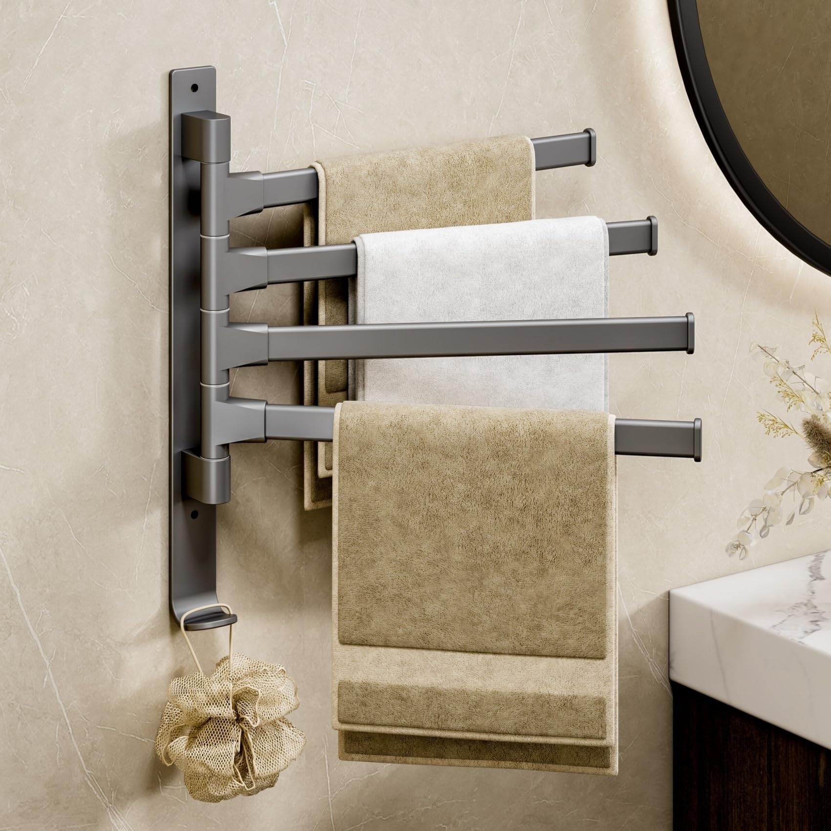 yozhch Swivel Towel Rail Wall Mounted, Bathroom Rotating Small Towel Rack, Lavatory Swing Hand Towel Holder Folding Bar, 4 Arm Length 32cm, Grey