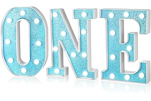 Aurelema 3 Pieces LED Light up Letter ONE Plastic Marquee Number Lights First Birthday Sign 1st Birthday Decorations Light up Letters for Boys Girls Baby 1 Year Old Birthday Party Supplies(Blue)