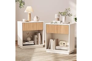 INNOD Fluted Nightstands Set of 2, Modern Bedside Table with Drawer and Storage Shelf, Wood End Table Mid Century Night Stands for Bedroom Living Room Sofa Couch Office (White+Oak)