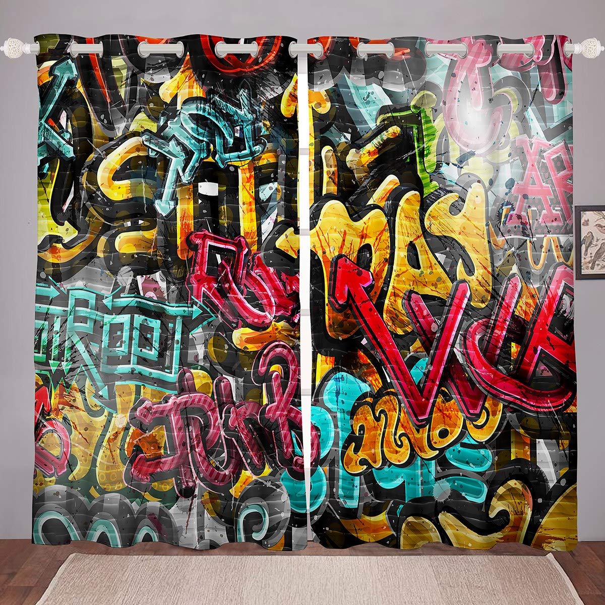 Hippie Graffiti Window Curtain Boys Teens Hip Hop Street Culture Curtains for Bedroom Kids Youth Wall Graffiti Art Blackout Curtains Graffiti Pattern Darkening Thermal Drapes W46*L54,2 Panel Set