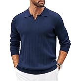 COOFANDY Mens Sweaters Polos Long Sleeve V Neck Knit Polo Lightweight Casual Pullover Sweater