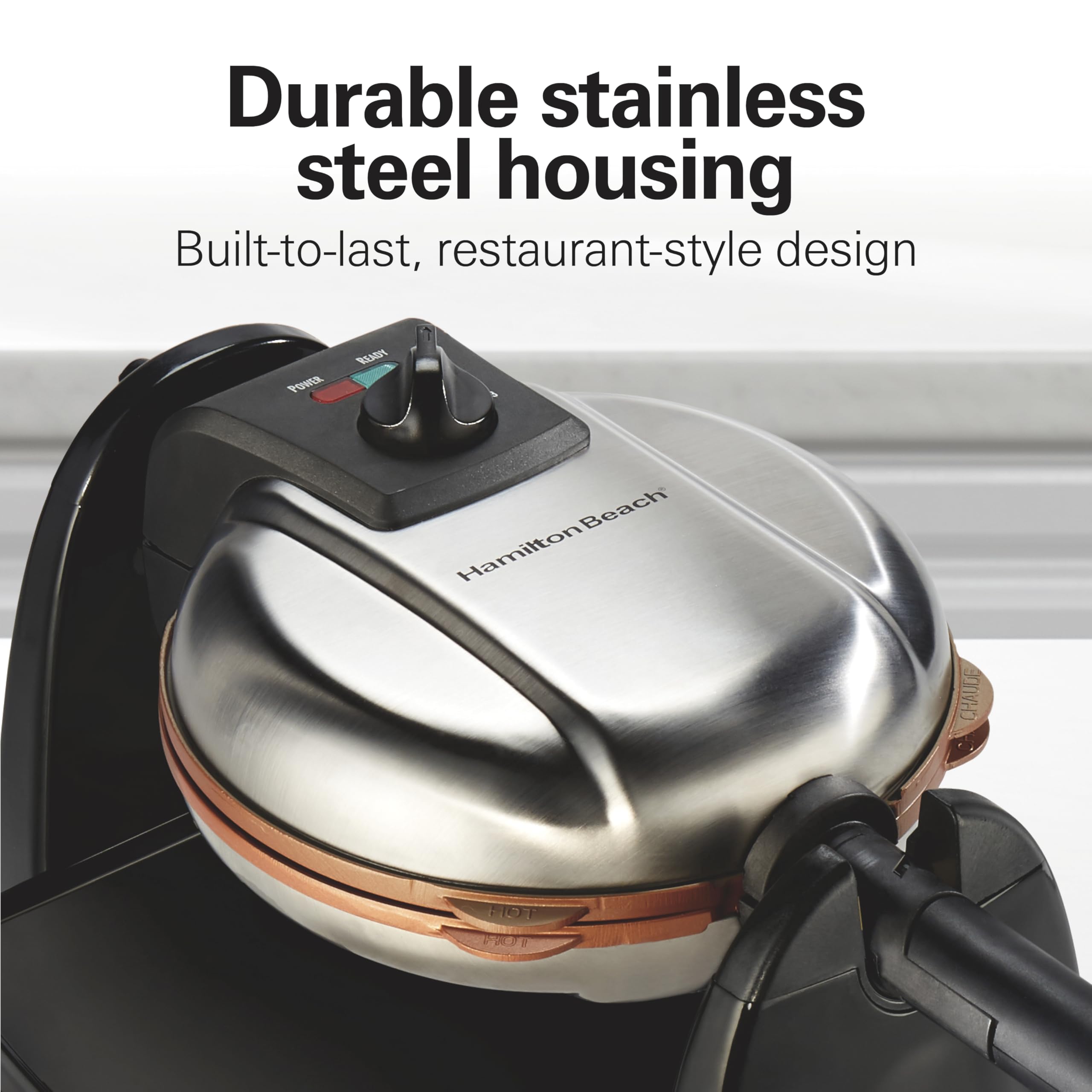 Hamilton Beach Belgian Waffle Maker with Removable PFAS-Free Durathon Nonstick Coated Plates, Easy Flip, Ceramic Grids, Black (26031)