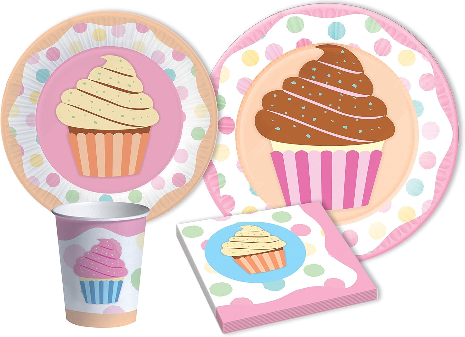 Party Tableware Set Cupcake for 8 people (44 pcs: 8 plates diameter 23cm, 8 plates diameter 18cm, 8 cups 200ml