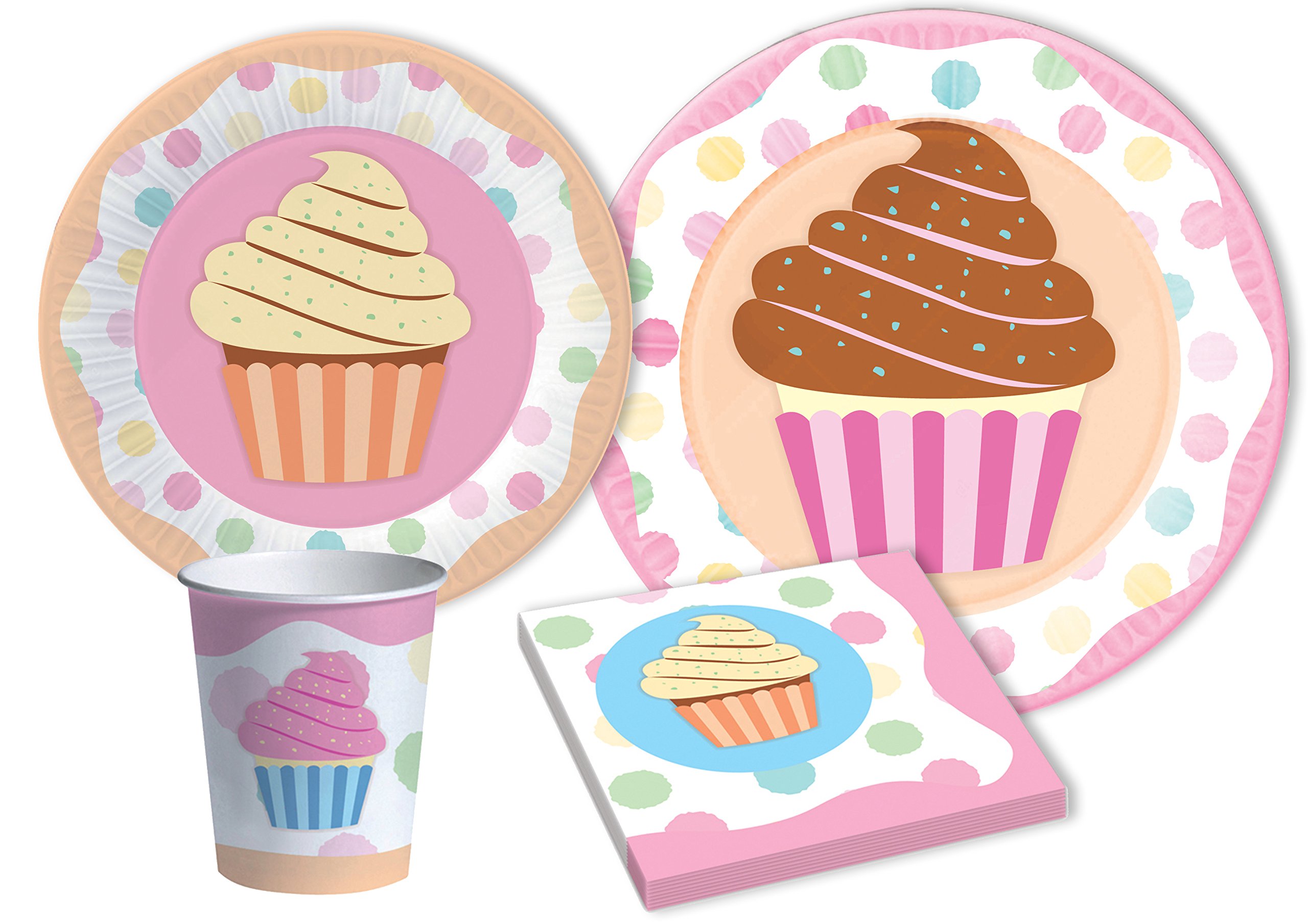 Party Tableware Set Cupcake for 8 people (44 pcs: 8 plates Ø23cm, 8 plates Ø18cm, 8 cups 200ml, 20 napkins 33x33cm) in eco-friendly compostable paper — image 1