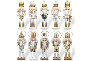 KoolShare Christmas Nutcracker Ornaments 10-Piece Decoration Set, 5-Inch Handcrafted Wooden Soldiers with Gold & Silver Glitter, Hangable for Xmas Tree or Tabletop Display