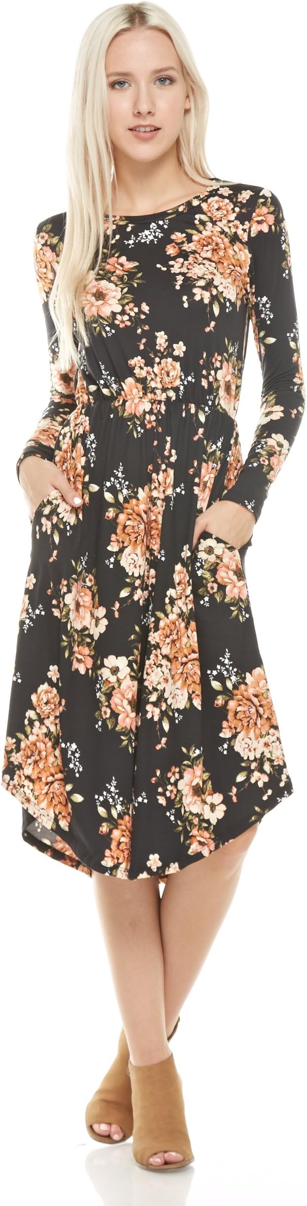 Reborn J Modest Shop LA MSLA1459 Long Sleeve Floral Midi Dress with Pockets