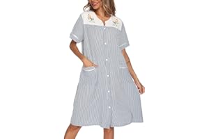 YOZLY Women Embroidered House Dress Short Sleeve Housecoat with Front Pockets Black S-3XL