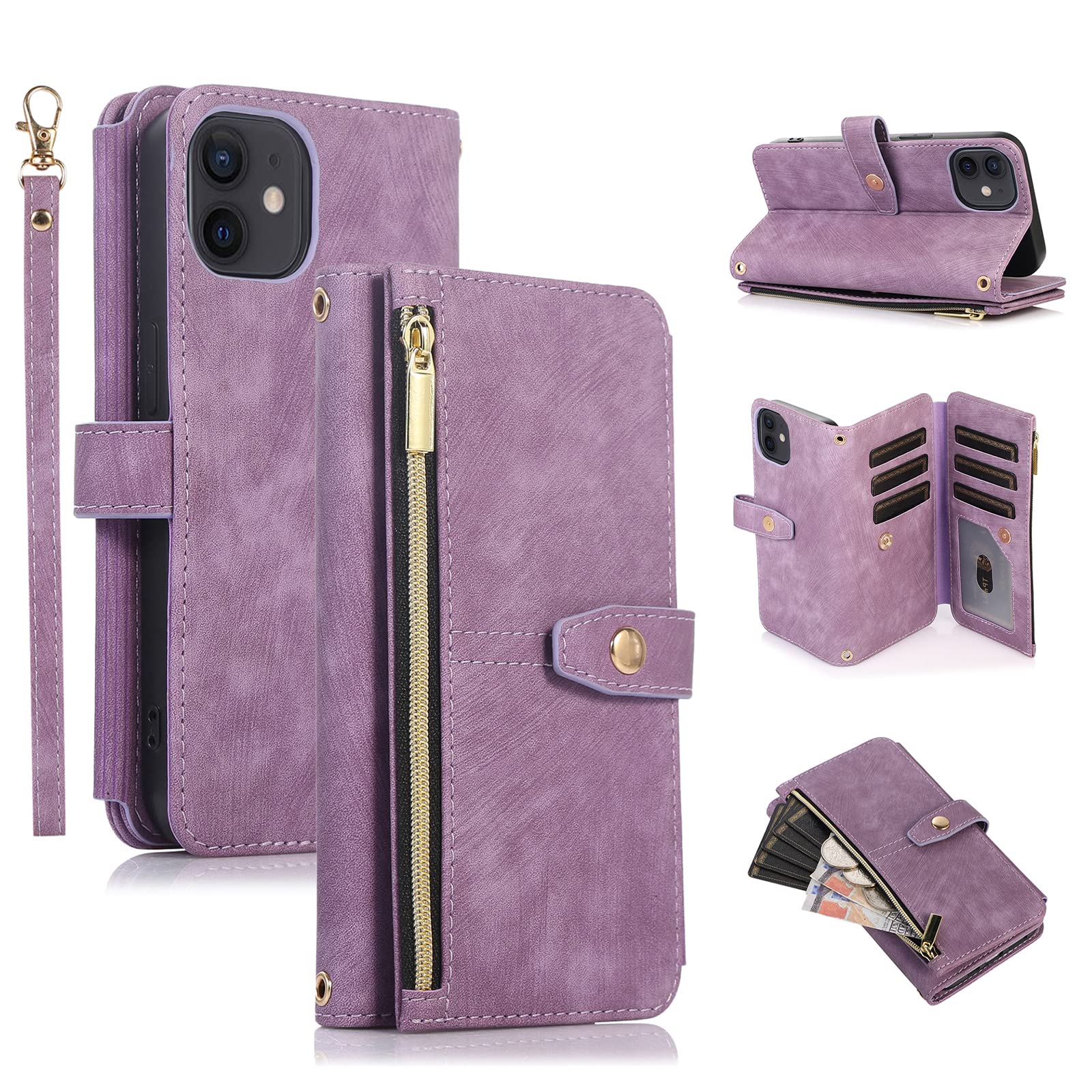 UEEBAI Case for iPhone 12 mini 5.4 inch, 9 Card Slots Retro Leather Wallet Shockproof Flip Cover with Hand Strap Card Slots Zipper Pocket Kickstand Handbag Magnetic Closure - Vintage Purple