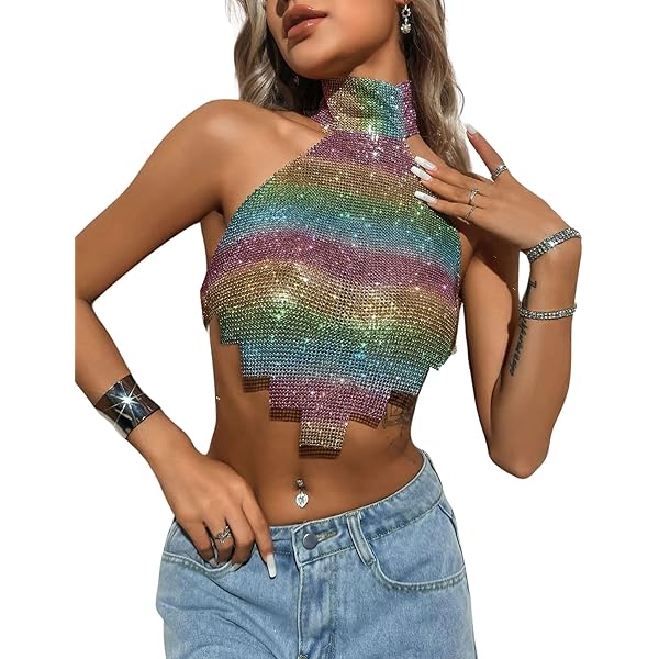 CORIRESHA Women's Sexy Glitter Rhinestone Backless Ombre