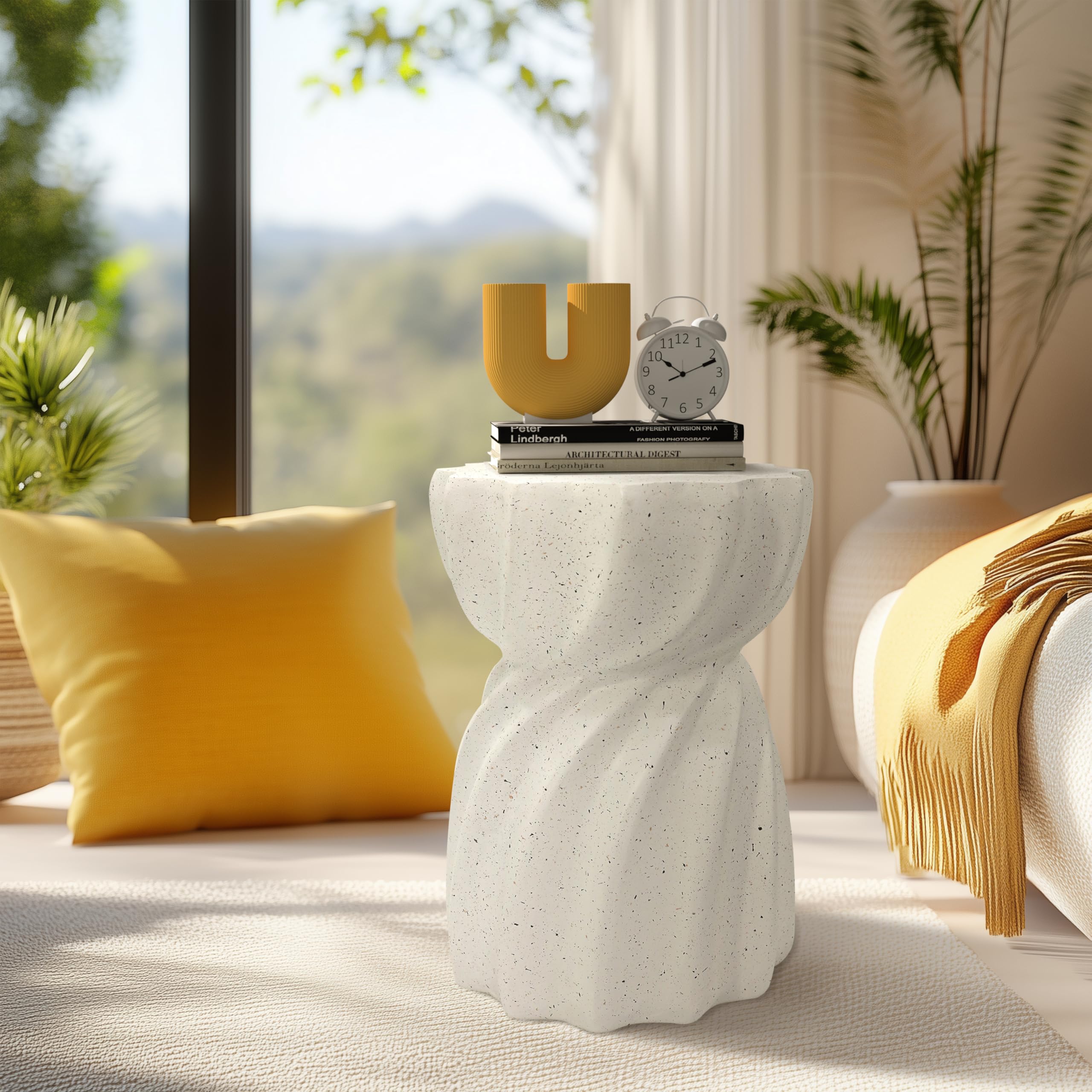 Photo 1 of Wisfor Lightweight Concrete Outdoor Side Table: Flower-Shaped Art End Tables for Home Decor - Geometric Accent Table Patio Garden Stool - Whirlwind Shape White Small Coffee Table