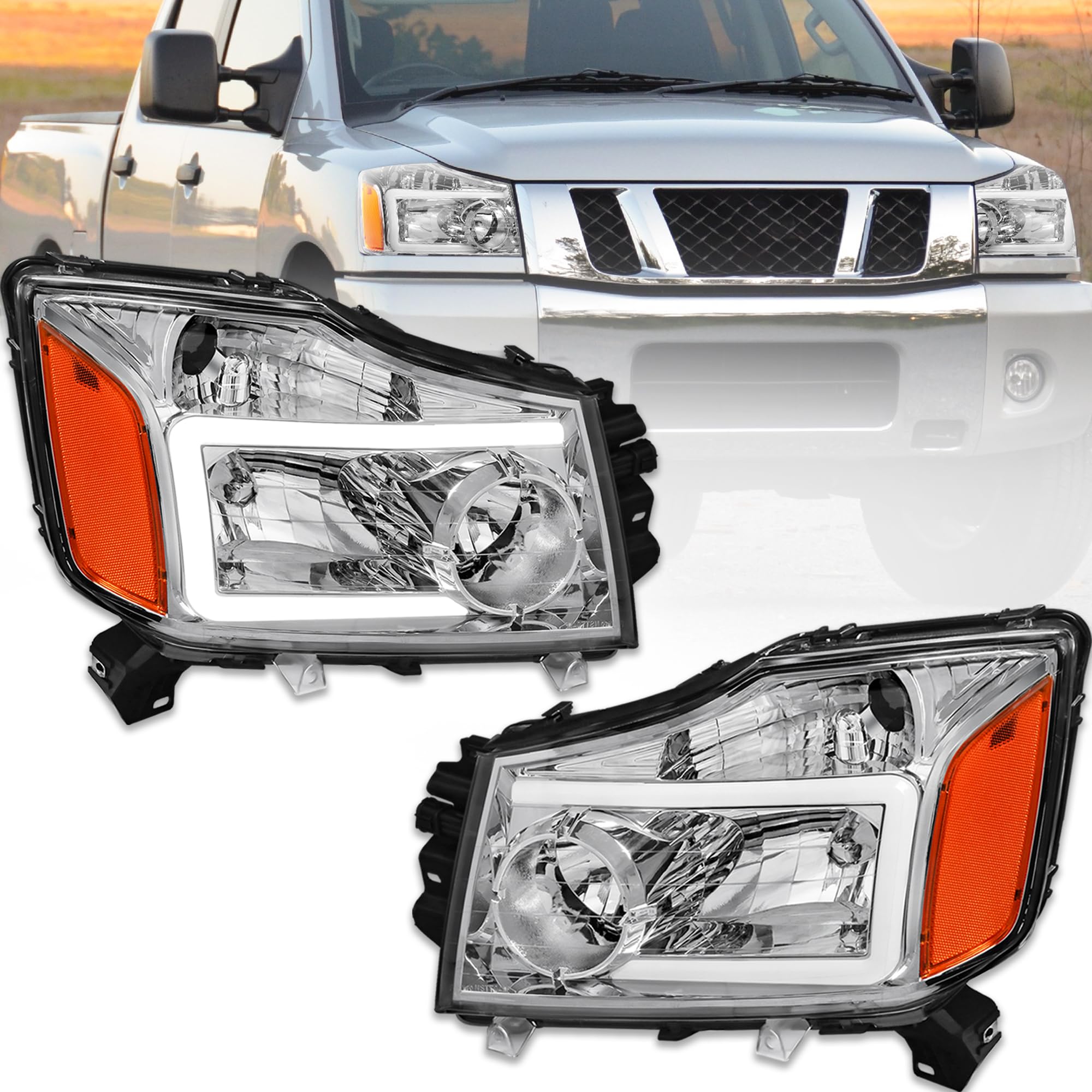 Photo 1 of *****SIMILAR ITEM ****
KUIPERAUTO Pair Clear Headlights Assembly Compatible for 2004-2015 Nissan Titan Halogen with LED DRL/Dynamic Amber Signal/Chrome Housing/Amber Reflector Front Lamps Driver and Passenger Side