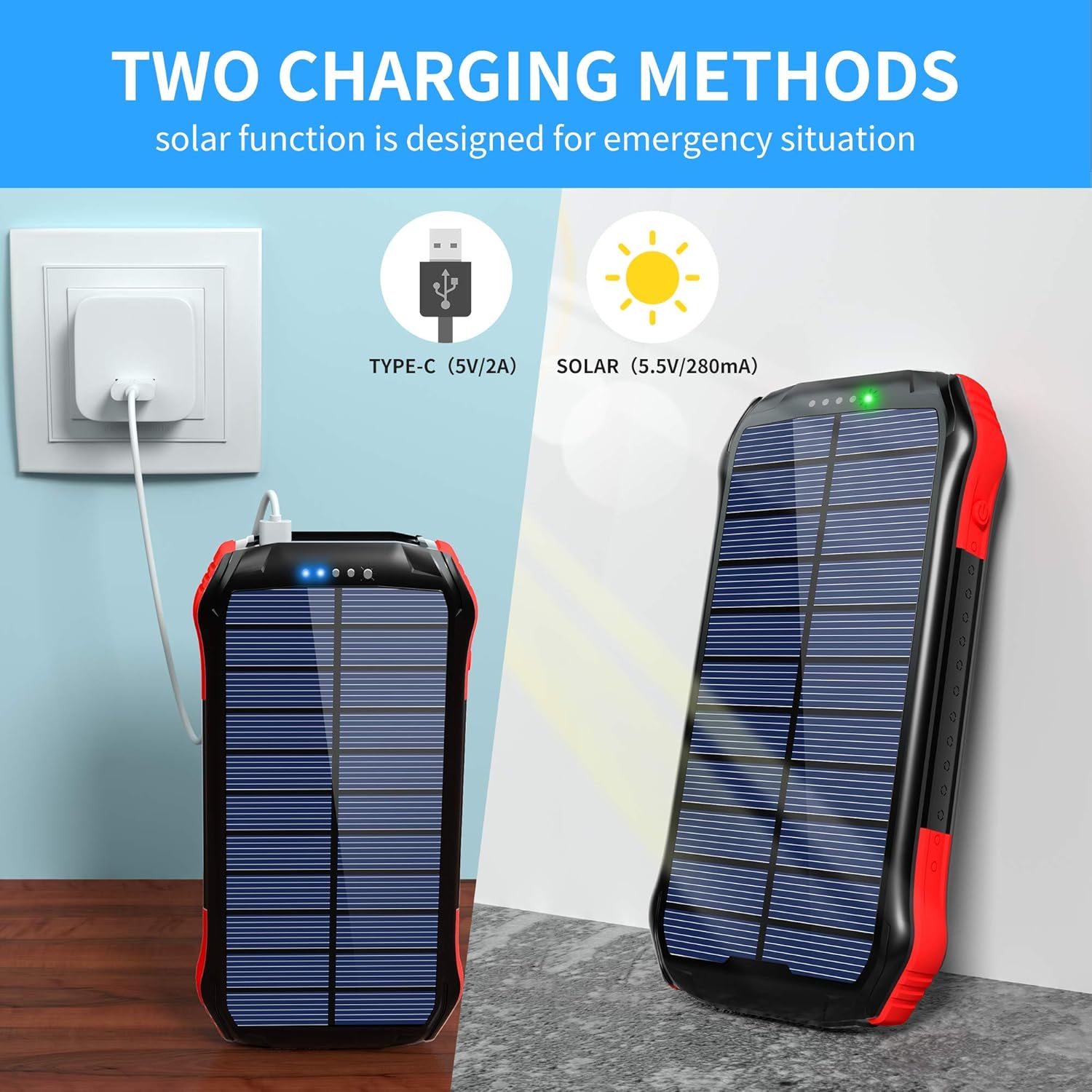 Solar Charger, Portable Charger 16000mAh, Solar Power Bank External Backup Battery USB Type-C Ports, Waterproof Solar Phone Charger Panel Charging for Smartphones, 15 LED Flashlights for Outdoor: Home Audio & Theater