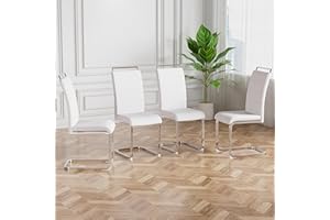 Baysitone Modern Dining Chairs Set of 4, PU Faux Leather High Back Upholstered Dining Room Side Chair with Horizontal Stripe Backrest Design for Kitchen Living Room Vanity Patio Dinner Chairs, White