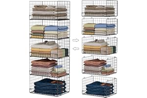 Yociyoga 5-Tier Stackable Closet Organizers and Storage Shelves, Closet Shelf Organizer Basket Bins, Foldable Sweater Storage for Closet Organizer System, Black（Patent Pending）