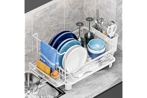 Compact Dish Drying Rack, Dish Drainers for Kitchen Counter with Sponge Rack, Kitchen Drying Rack with Drainboard, Utensil Ho