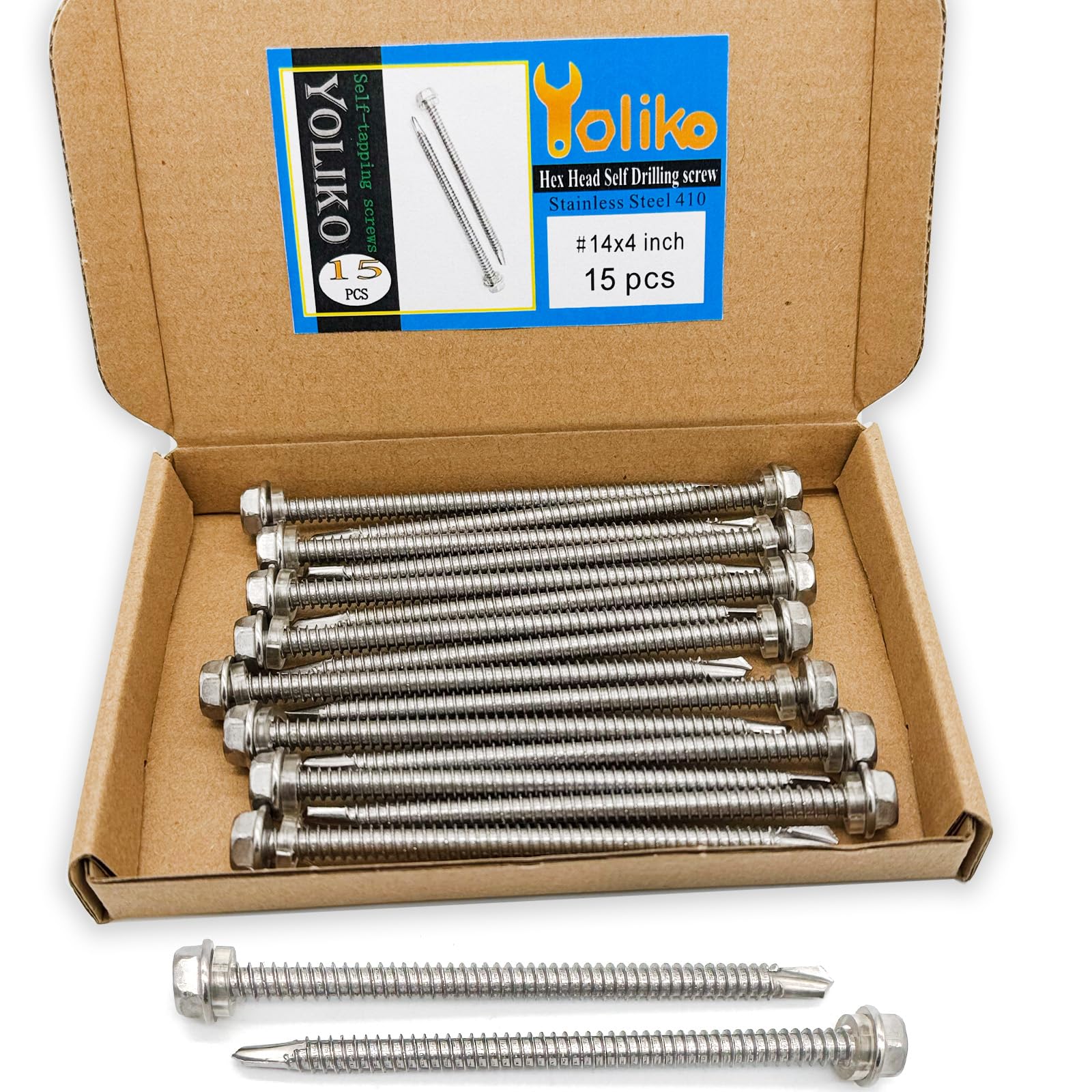 Photo 1 of #14 x4 (1" to 4-7/8" Available) Hex Washer Head Self Drilling Screws, 410 Stainless Steel, Self Tapping Sheet Metal Tek Screws, 15 PCS