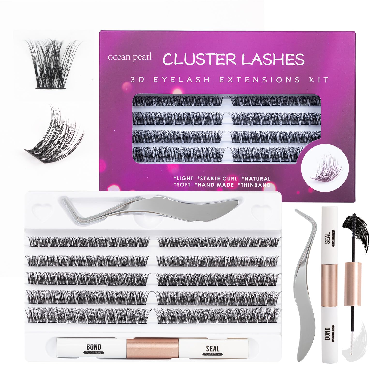 Ocean Pearl Individual Eyelashes 120 Cluster Lashes DIY Eyelash Extension Thin Band Wide Stem Lash Clusters with Tweezers and Super Bond and Seal Lash Extensions Kit Mix 10-16mm Length C/D Curl-OP01 — image 1
