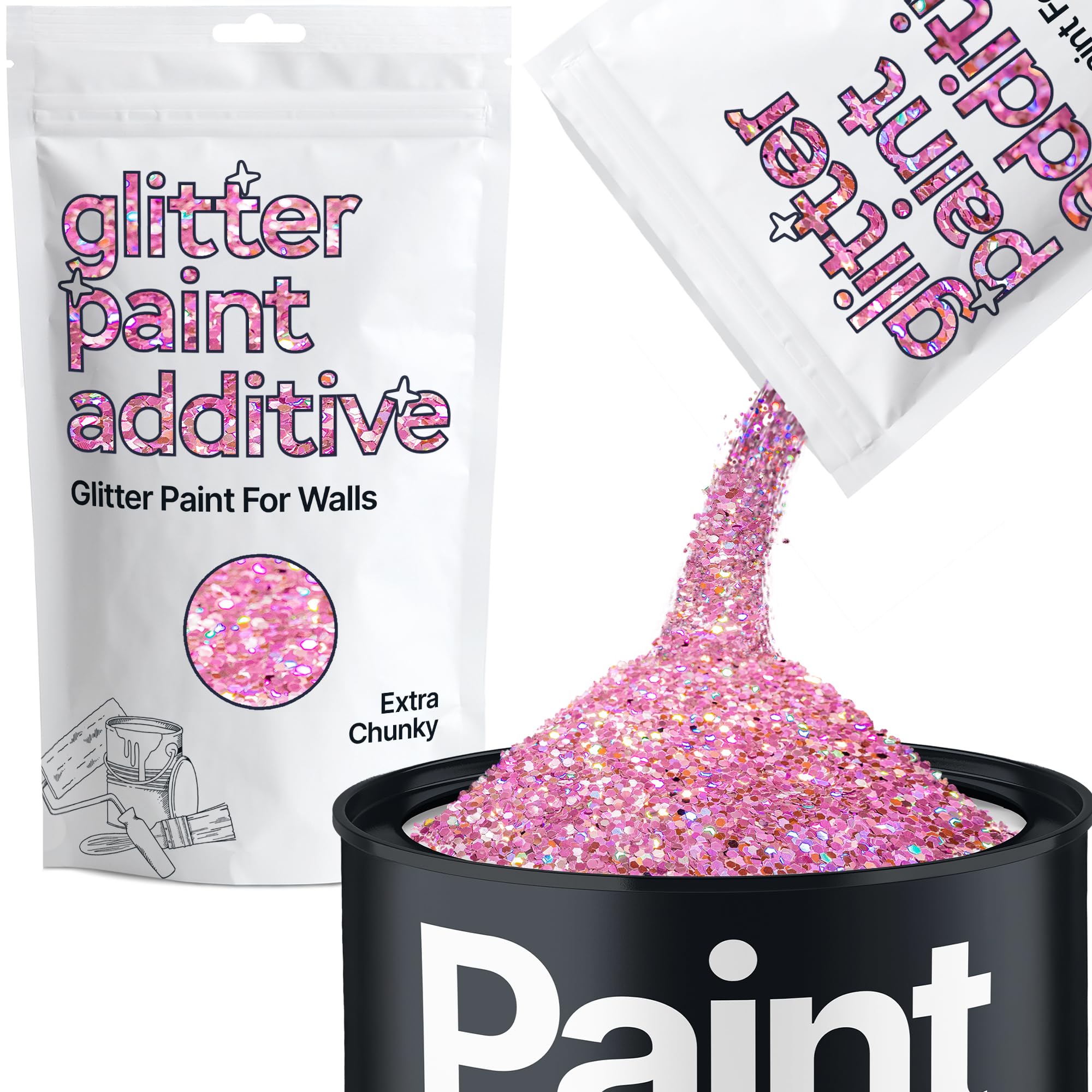 Hemway Pink Holographic Glitter Paint Additive Extra Chunky 100g for Adding Sparkle to Paints & Varnish | Paint Walls Sparkly Add to Emulsion, Acrylic or Lacquer Indoor