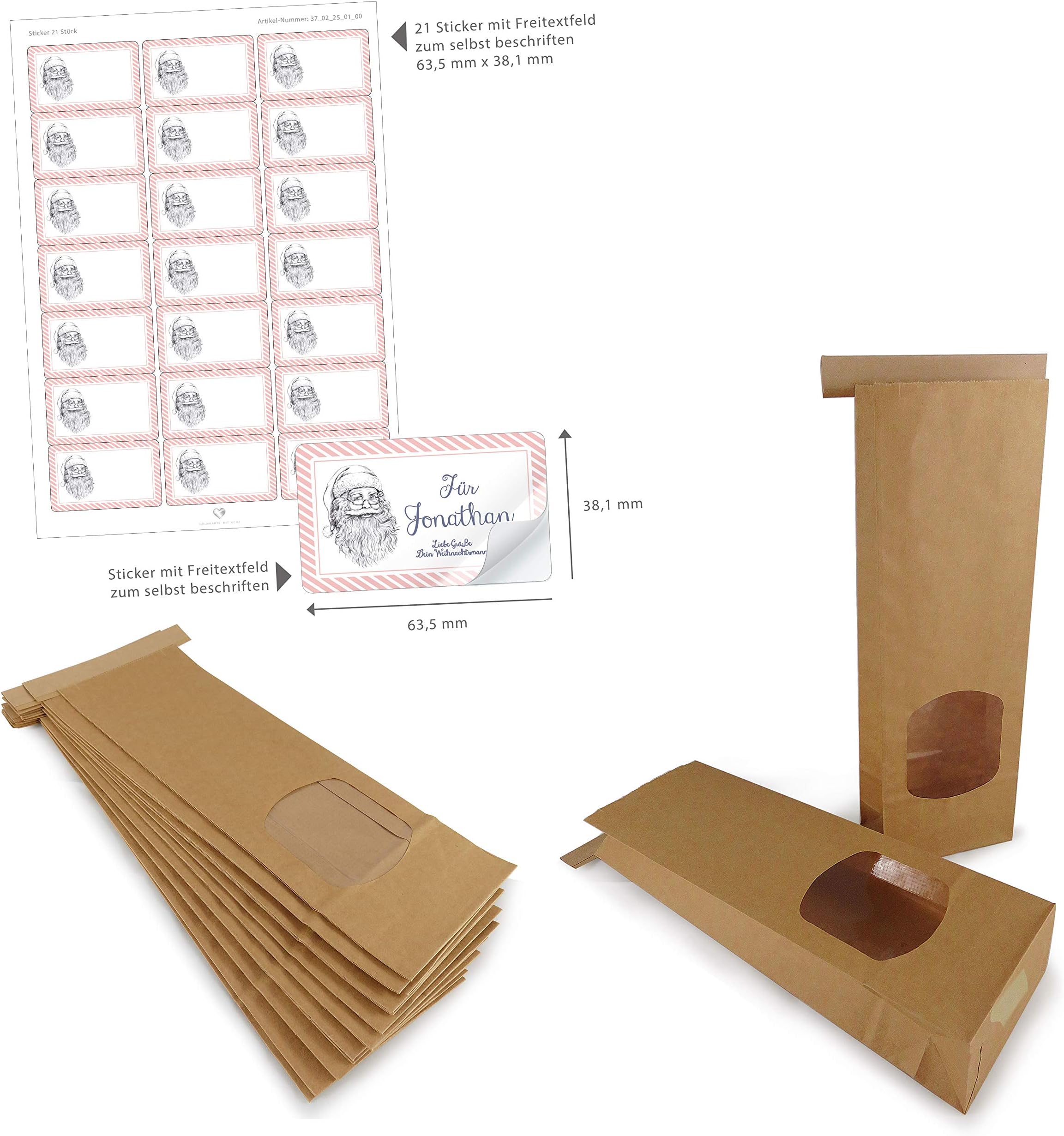 84 Organic Block Bags with Window and Closure, Brown, 9 x 27 cm + 84 Stickers Santa Claus Father Christmas, Pink, White, Free Text Box, Packaging Christmas Gift, Advent Calendar, Cookies.