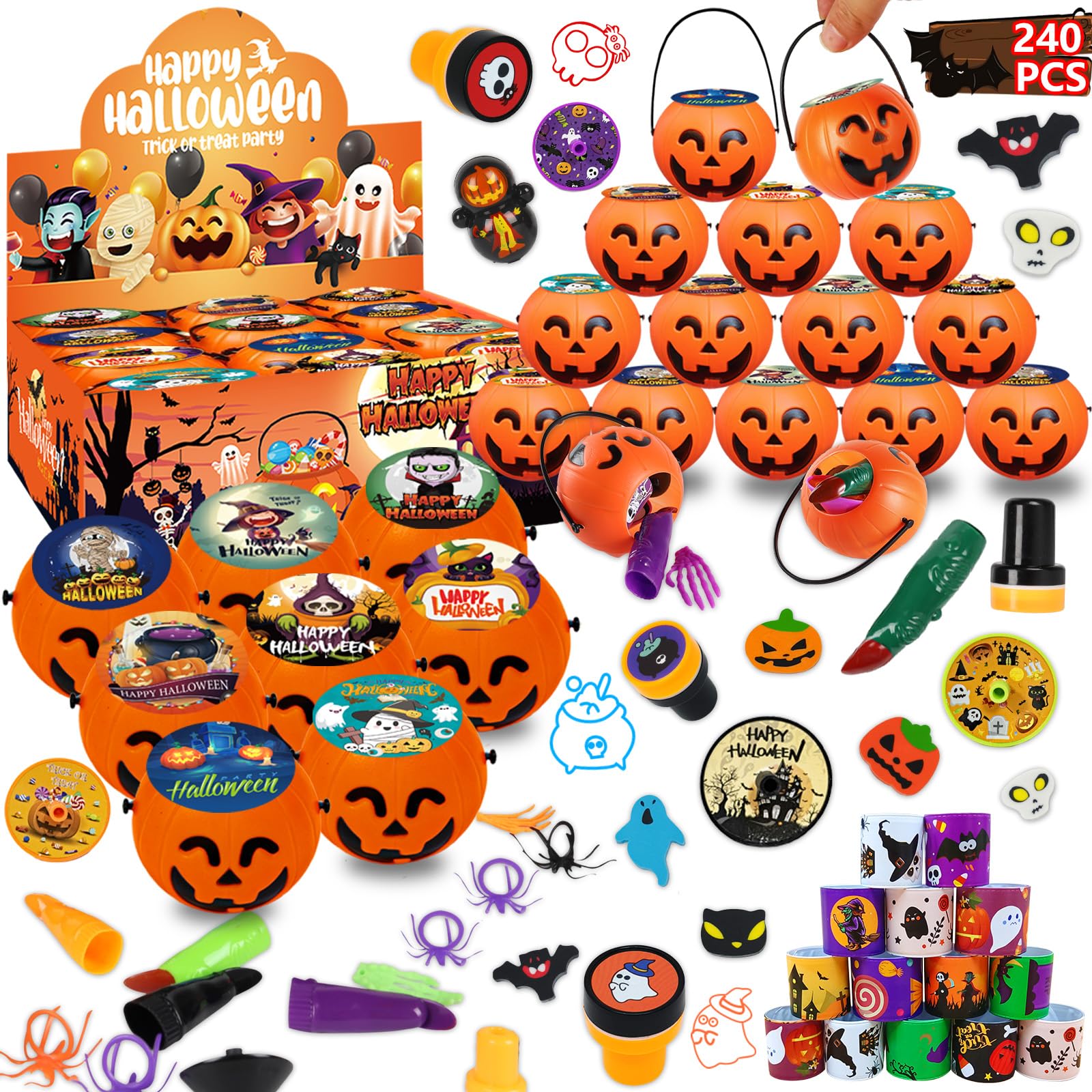 Photo 1 of 240PCS Bulk Halloween Party Favors - 24 Pack Pre-filled Mini Pumpkin Buckets Set, Non-Candy Treats Toys & Goodie Bags Stuffers for Trick or Treat, Kids' Prizes