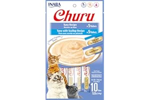 INABA Churu Cat Treats, Grain-Free, Lickable, Squeezable Creamy Purée Cat Treat/Topper with Vitamin E & Taurine, 0.5 Ounces Each Tube, 10 Tubes Total/Two Flavors, Tuna and Scallop Variety