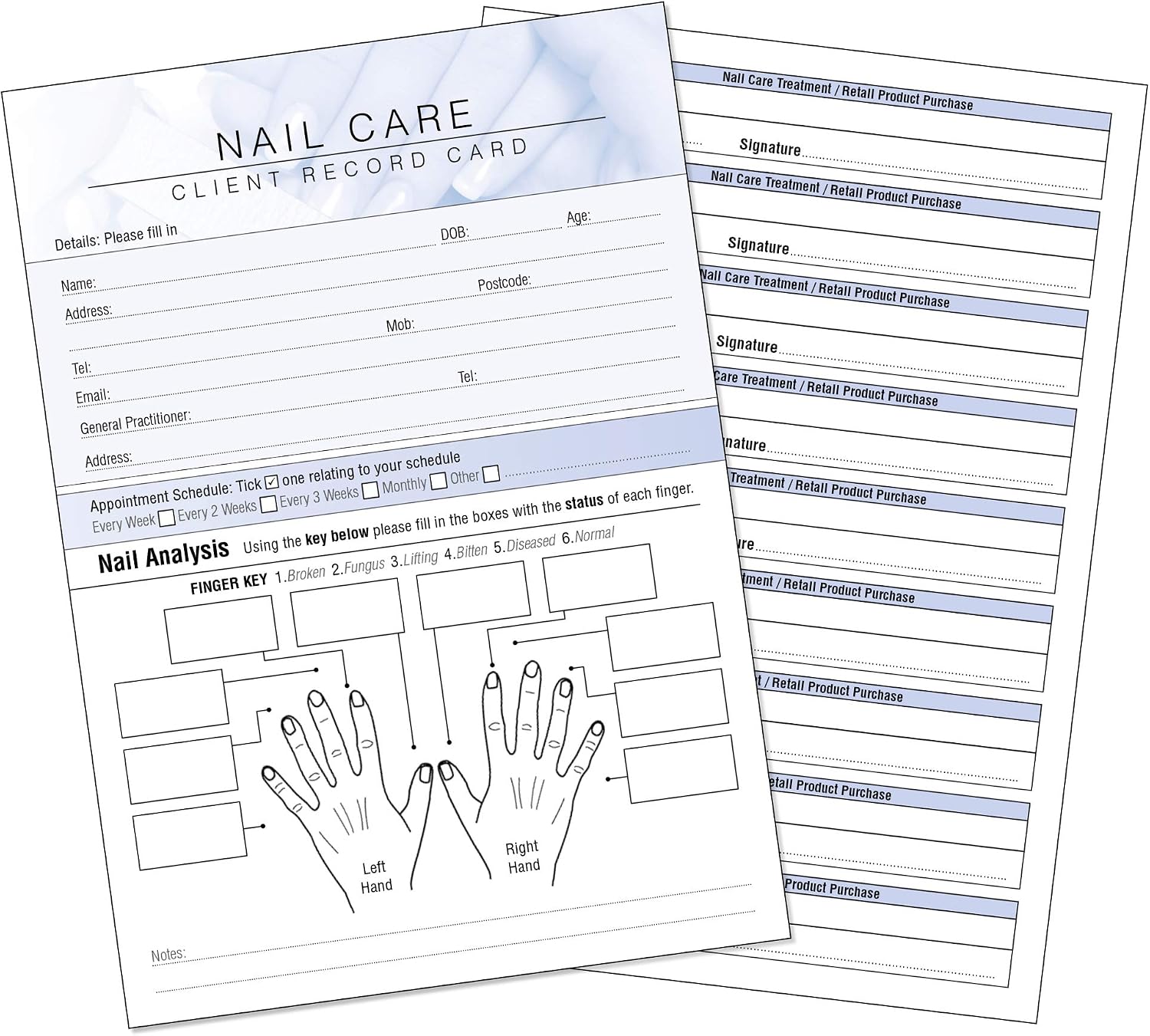 Nail Care Client Record Card - Treatment Consultation Form for Mobile Therapists & Salons A6 Pack of 50 - Portrait