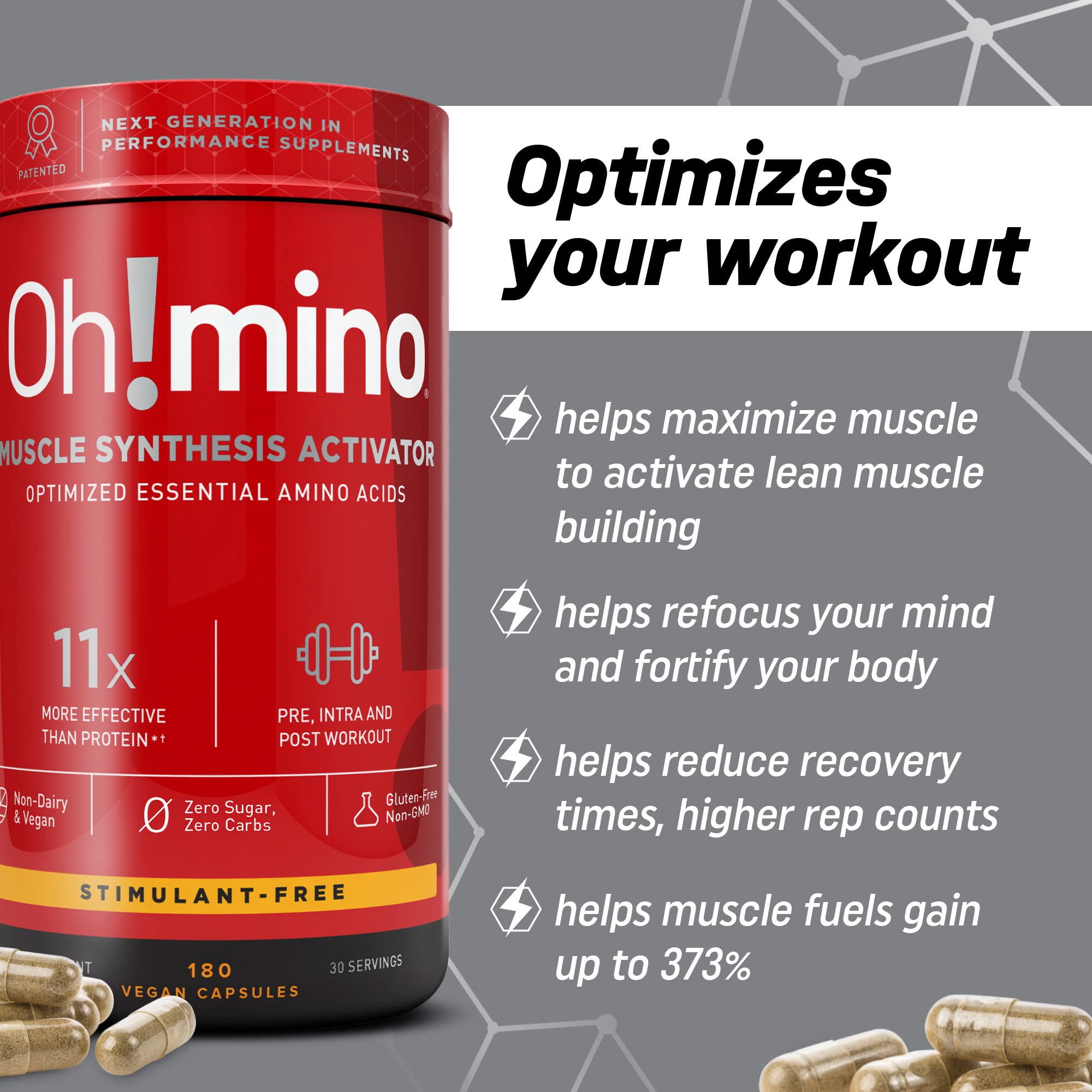 Oh!mino Essential Amino Acids Supplement. Stimulant-Free Capsules. All 9 EAAs, BCAAs and The Perfect Amino for Workouts, Amino Energy, and to Build Muscle, and Recover Faster.