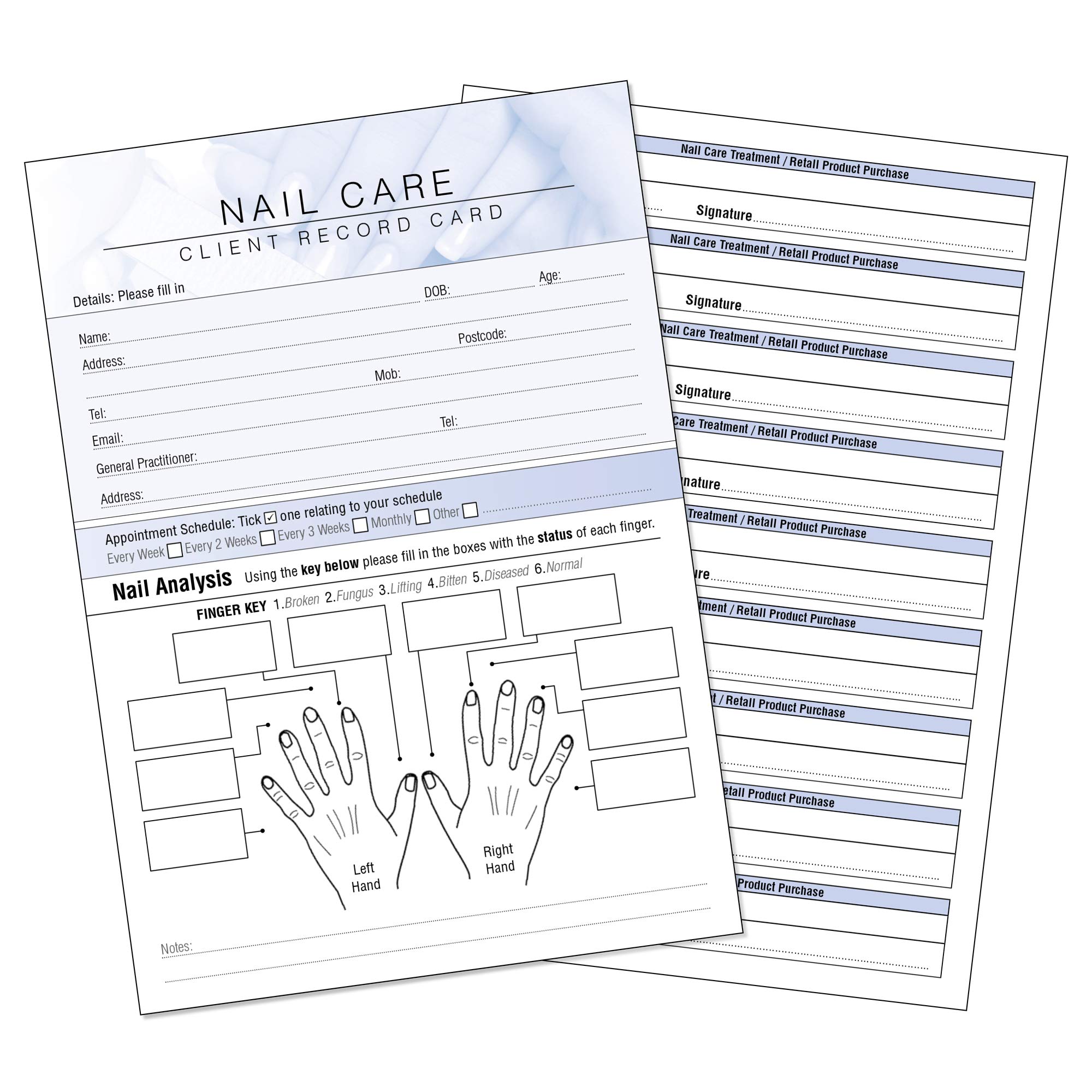 Nail Care Client Record Card - Treatment Consultation Form for Mobile Therapists & Salons A6 Pack of 50 - Portrait