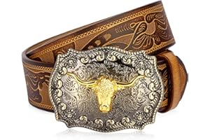 BISON DENIM Men's Western embossed Genuine leather belts with golden Cowboy Longhorn Bull Buckle Belt