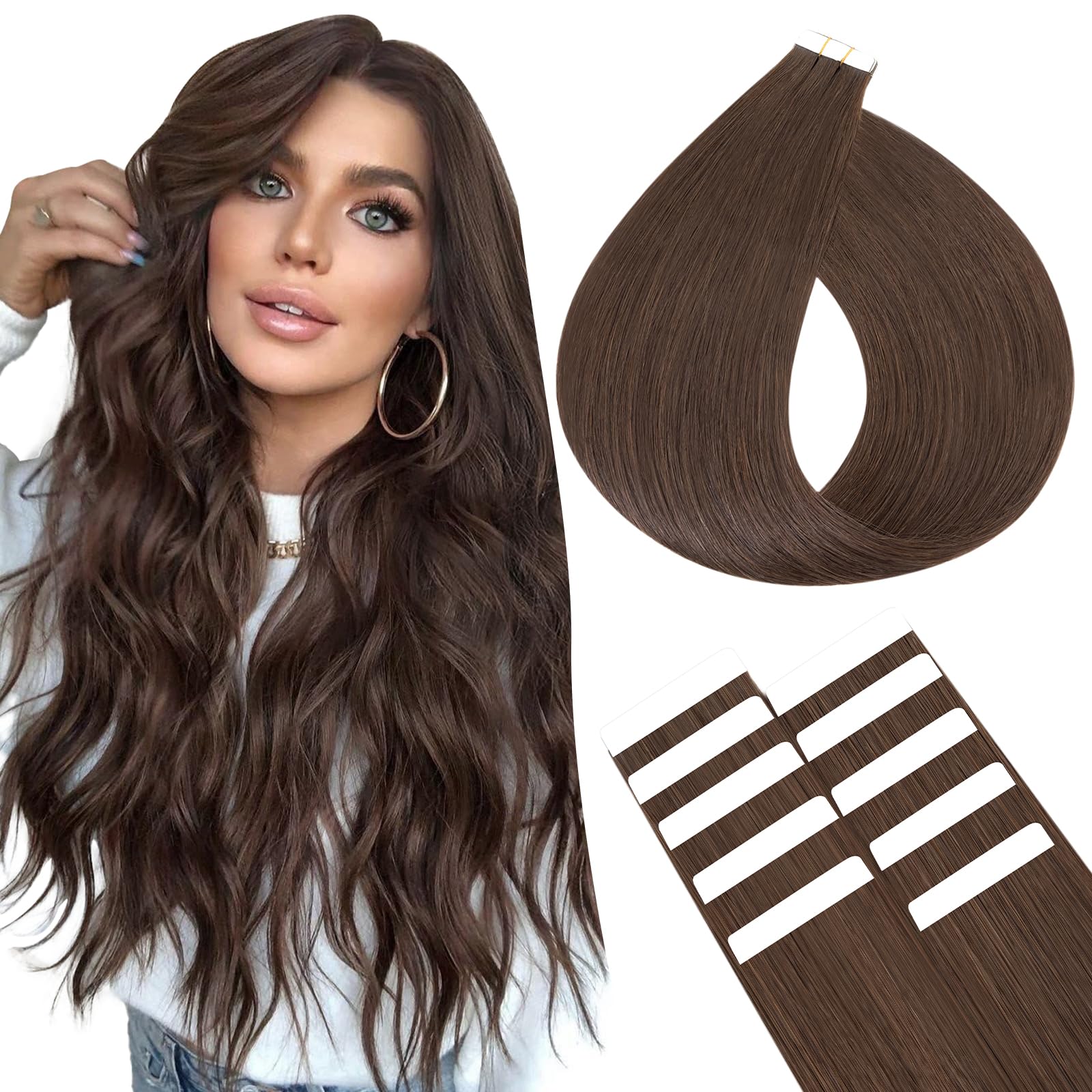 SEGOHAIR 10Pcs Human Hair Tape in Extensions, 18" Thin Tape Hair Extensions, Human Hair Extensions with 5 pcs Replacement Tape Darkest Brown(15g) — image 1