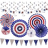 20Pcs 4th/Fourth of July Patriotic Decorations Set Independence Day Decor Red White Blue Paper Fans USA Flag Pennant Star Streamer Hanging Swirls Party Decor Supplies for Memorial Day, Flag Day