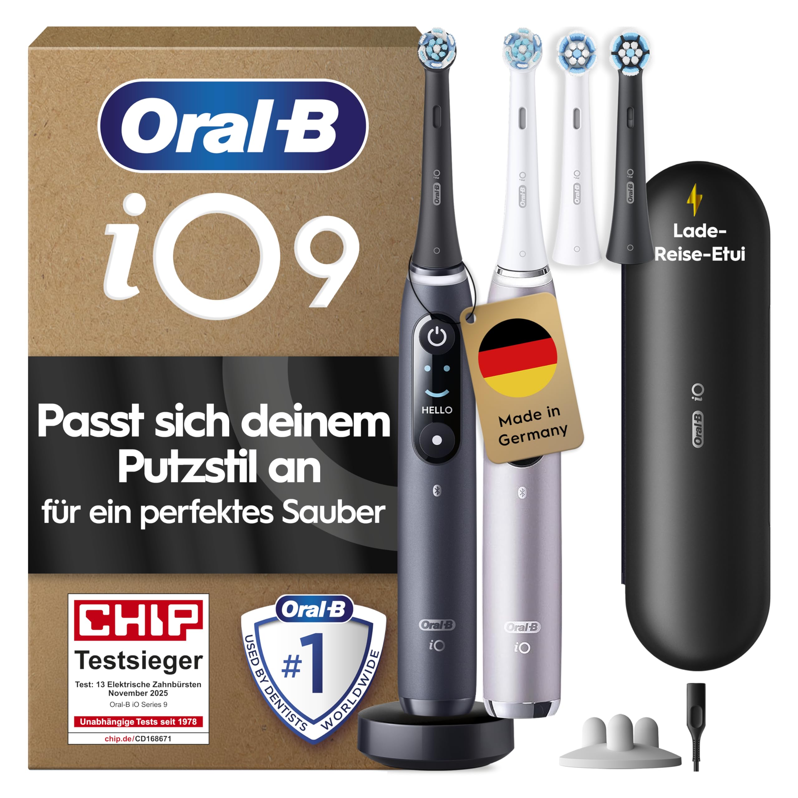 Oral-B iO Series 9 Elektrische Zahnbürste, Doppelpack — Electric Toothbrush, Inkl. 4 Aufsteckbürsten — 7 Modi für Zahnpflege, CHIP Testsieger (11/25), Designed by Braun, Schwarz und Rosa