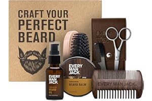 Every Man Jack Beard Grooming Kit for Men - Includes Sandalwood Beard Oil & Beard Balm, Beard Brush, Wooden Dual-sided Comb, Trimming Scissors and Mustache Comb