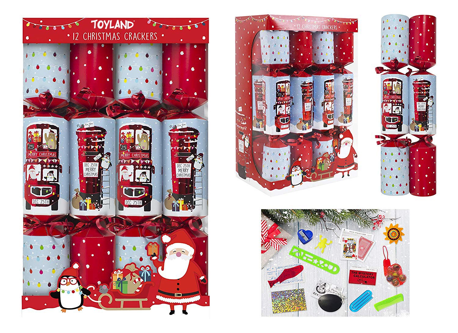 Toyland® Pack of 12 Christmas Crackers With Post Box & Red Bus Design - British Christmas Theme