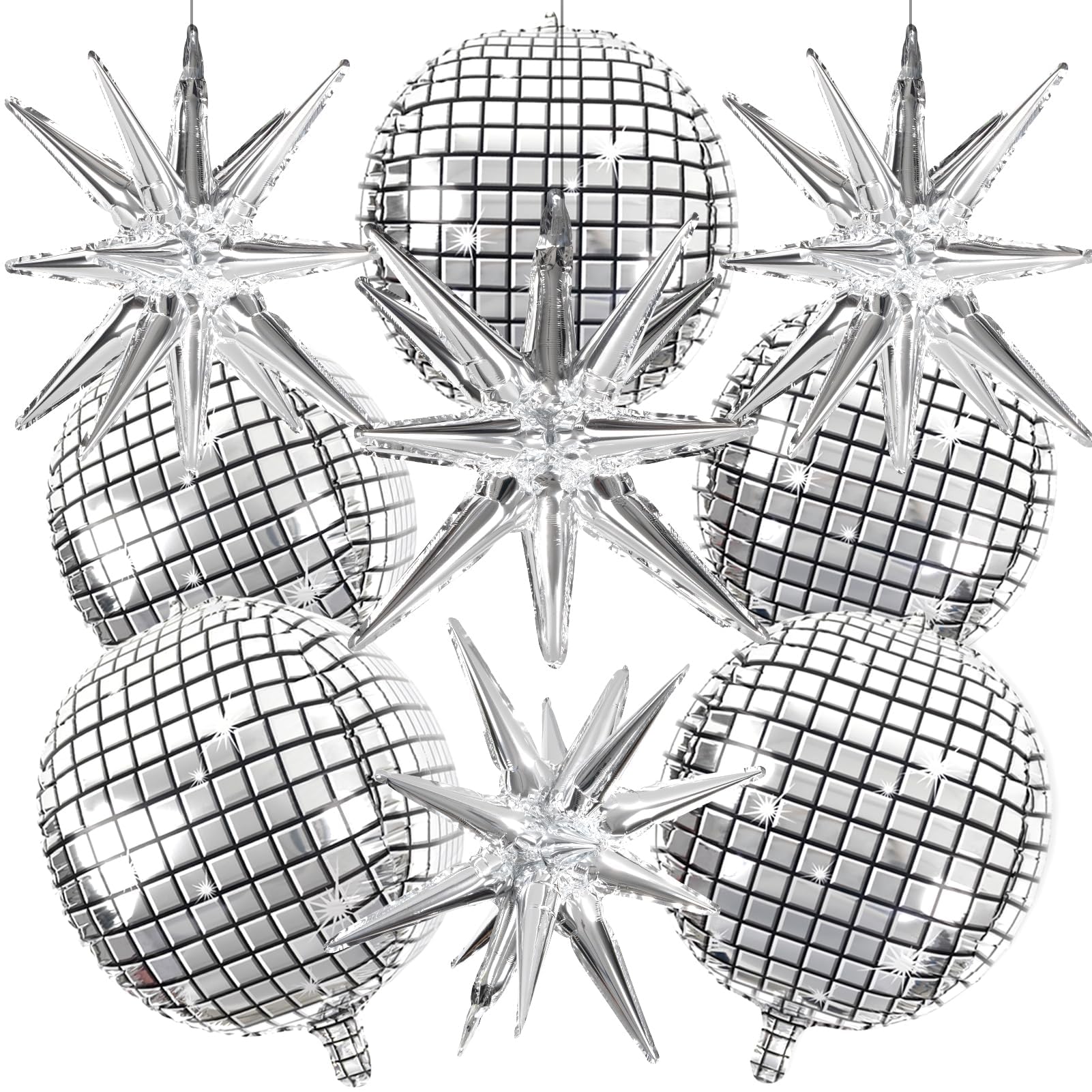 Photo 1 of OuMuaMua Disco Ball Balloons for 70s Disco Party Decor, 22 Inch Large 4D Metallic Silver Disco Balloons with Stars Balloon for Themed Party, Birthday New Year Christmas Decor 9pcs