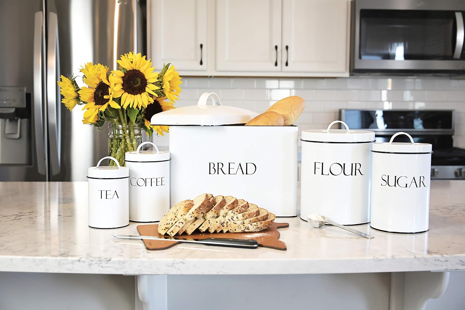 Amazon Com Vintage White Farmhouse Bread Box Kitchen Storage Canister Set Kitchen Dining