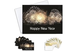 CEO Cards – 2024 Happy New Year Greeting Cards Boxed Set (Bulk Pack of 25 Cards & White Gold Foil Lined Envelopes) 5x7 Inch Cards for Clients, Coworkers, Office & Family (Fireworks Burst)