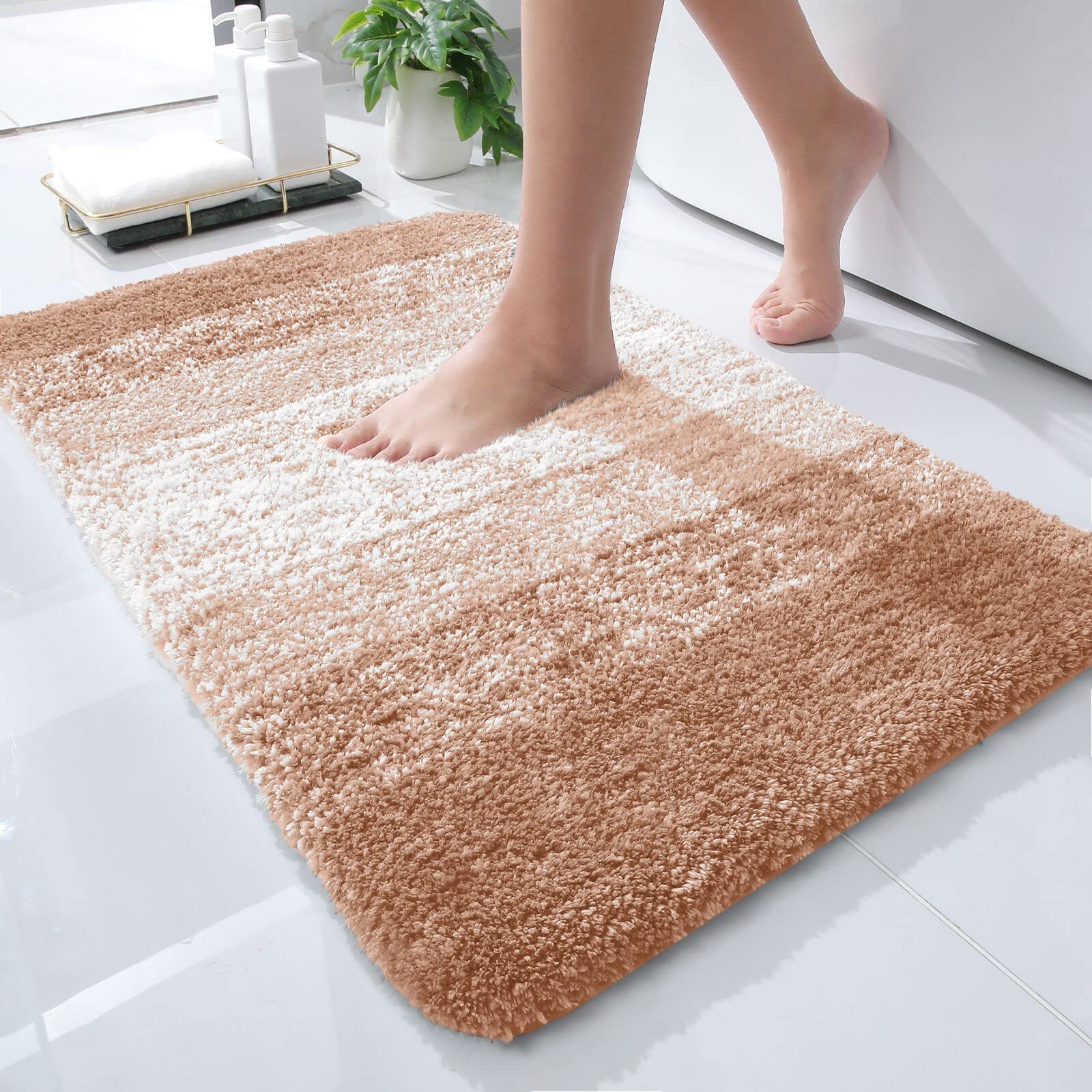 smiry Microfiber Bath Mat, 50 x 75 cm, Non-Slip Super Absorbent Bathroom Mat, Extra Soft Thick Floor Foot Mat, Fluffy Shaggy Bath Mats Rugs for Bathroom, Beige — image 1