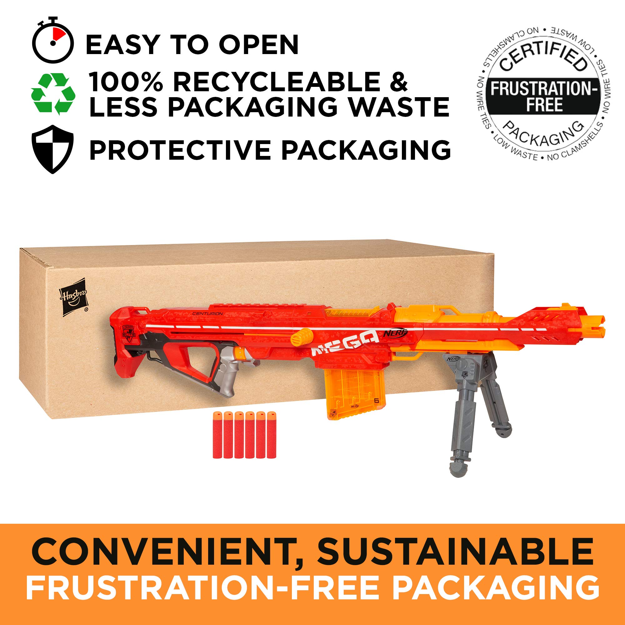 Nerf Centurion Mega Toy Blaster with Folding Bipod, 6Dart Clip, 6