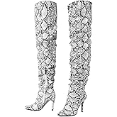perixir Snakeskin Boots Knee High Boots Women Sexy Stunning and Stylish Exquisite Pointed Toe Fine High Heels Pleated
