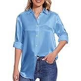 YAMANMAN Women Satin Blouse Long Sleeves Button Down Shirts V Neck Loose Blouse Business Casual Work Top