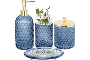 HATURI Blue Bathroom Accessories Set, 4Pcs Glass Bathroom Accessory Set Complete w/Lotion Soap Dispenser, Toothbrush Holder, Qtip Holder, Soap Dish, Gold Bathroom Decor Sets, Gift for Home Apartment