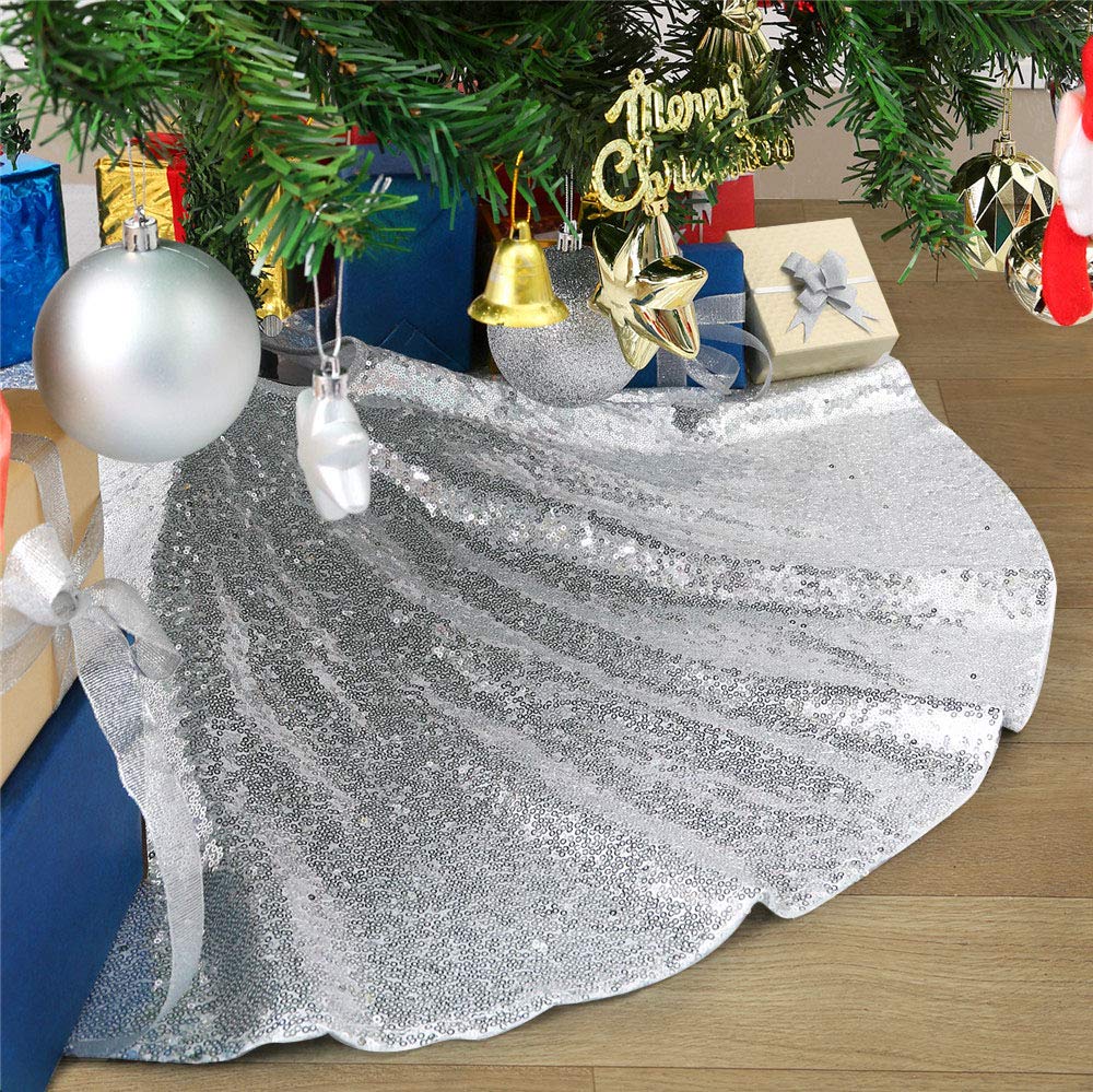 B-COOL Christmas Tree Skirt Silver Xmas Tree Ornaments Sequin Fabric Tree Floor Carpets 48inch Tree Skirting Dress for Festival Holiday Party