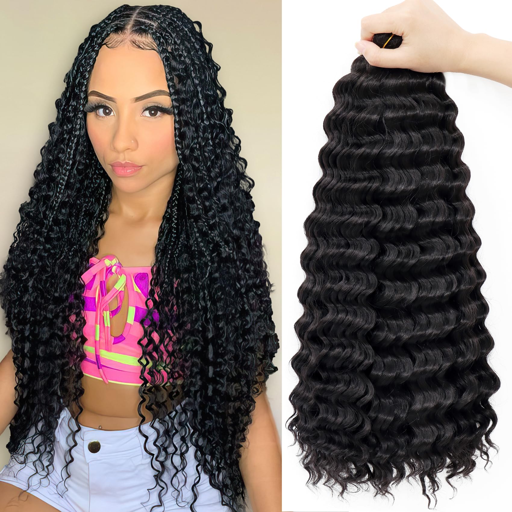 Photo 1 of Eerya Ocean Wave Crochet Hair 18 Inch 2 Packs Deep Wave Crochet Hair for Black Women Synthetic Wavy Curly Braiding Hair for Boho Braids (18 inch,1B)