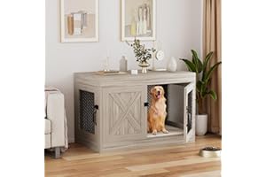 Xilingol Corner Dog Crate Furniture with Double Doors, 36 Inch Wooden Dog Kennel End Table Indoor with Mesh, Cage/House for Small Medium Large Dog, Decorative Pet Crate Indoor Use, Grey