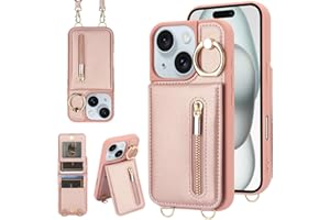 KYFSJPT Crossbody Wallet Case for iPhone 11, with Card Slots Zipper Pocket Case, Flip Folio Purse RFID Blocking with Ring Kickstand Detachable Strap-Pink