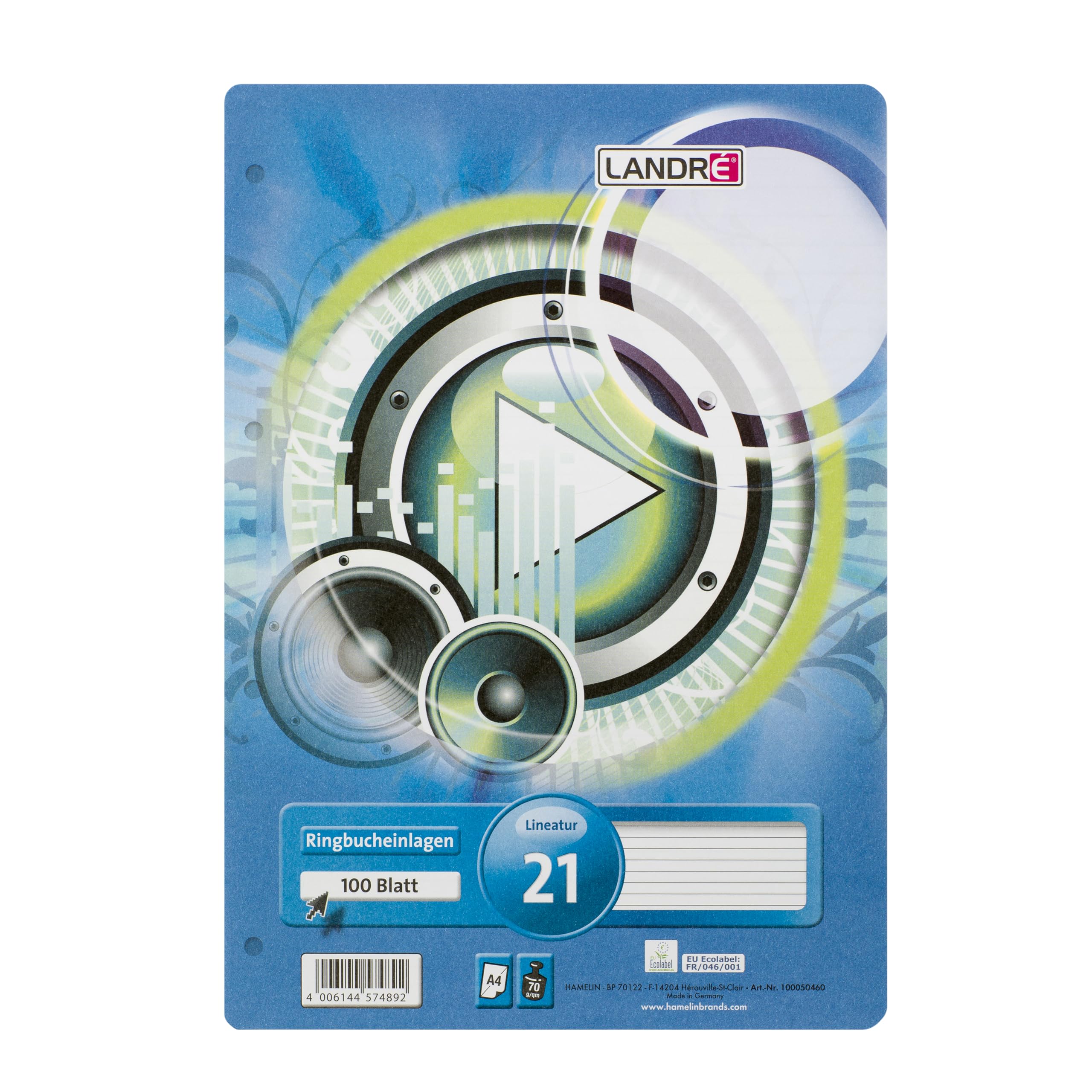 Landre 100050460 Ring Binder Inserts A4 100 Sheets Lined 70 g/m² Round Corners Perforated Ring Binder Insert Paper Insert