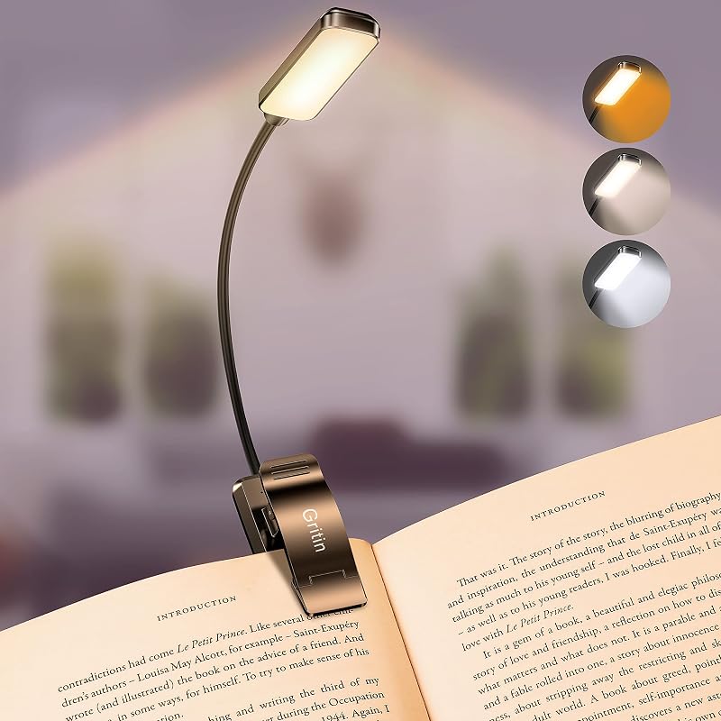 Gritin 9 LED Clip On Book Light 3 Color Modes USB-C Rechargeable