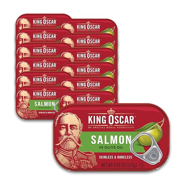 KING OSCAR PREMIUM SALMON IN OLIVE OIL, 4.05-OUNCE CANS (PACK OF 12, PACKAGING MAY VARY), SKINLESS & BONELESS SALMON